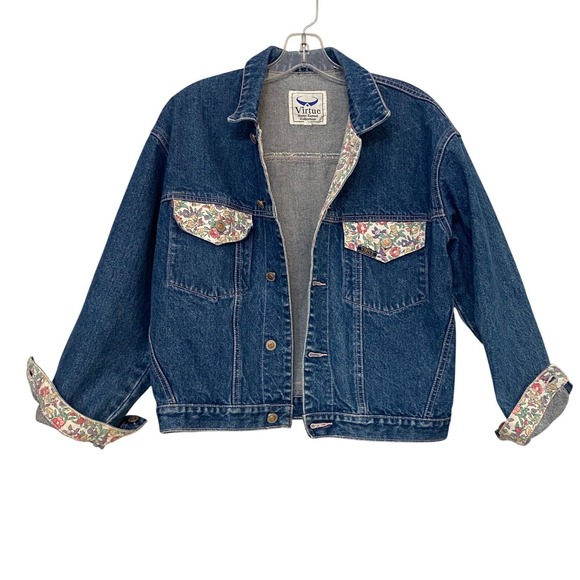 Virtue Jeans Casual Collection Jackets & Blazers - Virtue Jeans Casual Collection Denim Jacket Floral Print Pockets Lined 80s 90s M